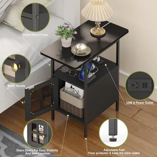 Vista 4 de Mesa Auxiliar Estrecha Estilo Granja con Estación de Carga - Mesa Lateral de 3 Niveles con USB y Enchufes, Mesa de Noche Compacta de Almacenamiento