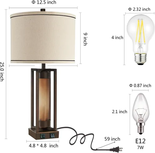 Vista 7 de Lámparas de mesa rústicas para sala de estar con puertos USB C+A, lámpara de mesita de noche vintage de granja con luz nocturna de acrílico ámbar