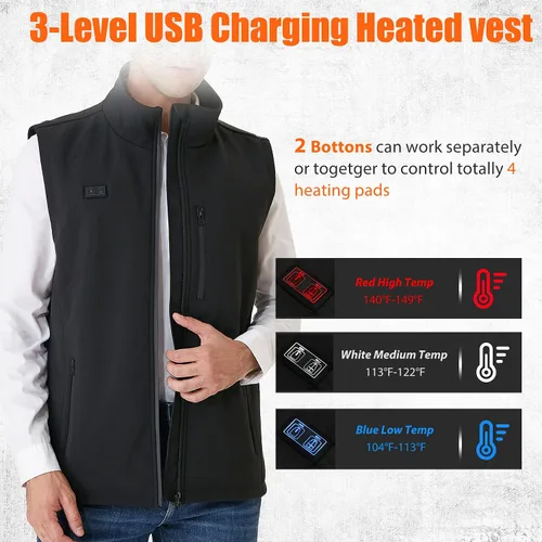 Vista 2 de Chaleco calefactor, chaleco calefactor, recargable, chaqueta calefactora con 3 niveles de calefacción, unisex, batería de ropa no incluida, Negro
