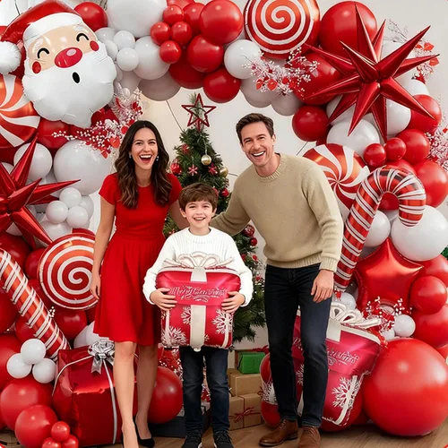 Vista 7 de Kit de guirnalda de globos de Navidad en forma de arco con globos rojos y blancos, caramelo, bastón, estrella, estrella de explosión, caja