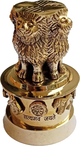 Vista 2 de PARIJAT HANDICRAFT Columna de estambh de latón Ashoka emblema de bandera nacional de cuatro leones satyamev jayete adornado escritorio papel