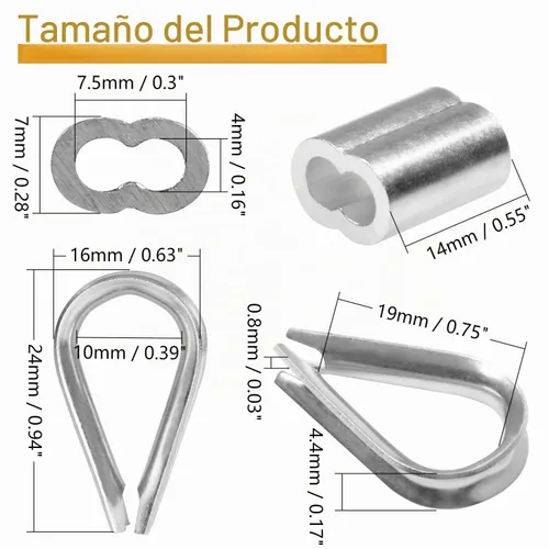 Vista 2 de 100 fundas de bucle de crimpado de 1/8 pulgadas, 50 dedales