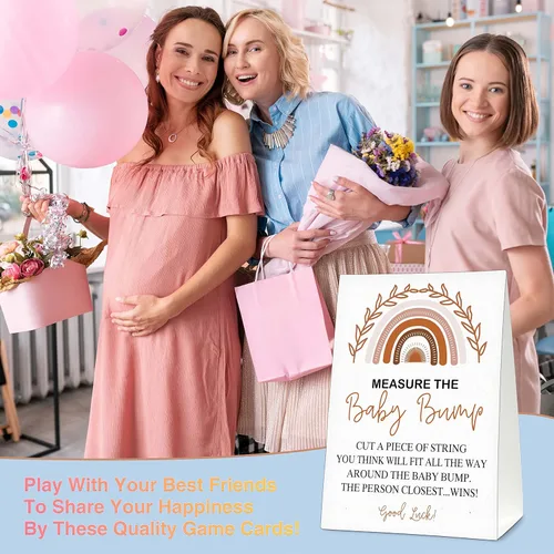 Vista 4 de Measure the Baby Bump - Juego de juego para baby shower, 1 letrero de pie con 50 tarjetas de adivinanzas, suministros de decoración de fiesta