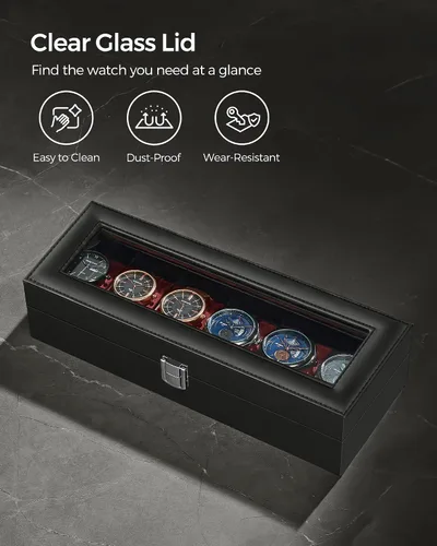 Vista 4 de SONGMICS Caja de reloj, caja de reloj de 6 ranuras con tapa de vidrio grande, almohadas extraíbles para reloj, organizador de caja de reloj, regalo