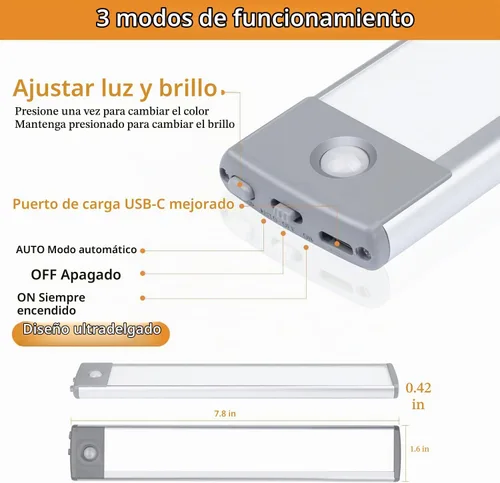 Vista 4 de Paquete de 2 luces con sensor de movimiento para debajo del gabinete, batería recargable USB-C de 1700 mAh, 3 temperaturas de color y regulable