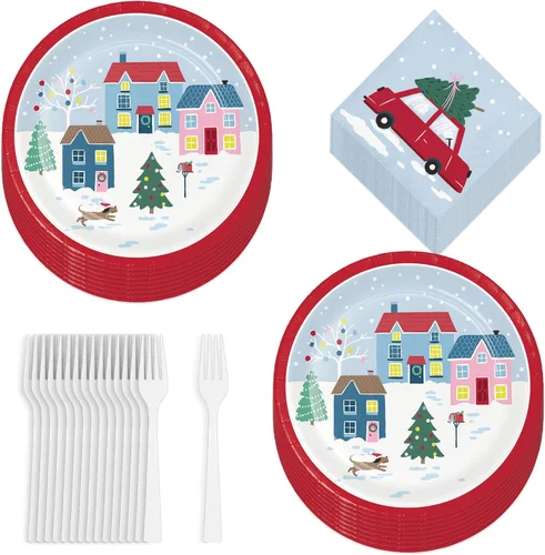 Vista 11 de HOME & HOOPLA Platos y servilletas de papel grandes para fiesta de Navidad, diseño calmado y brillante en verde y dorado moderno (para 16 personas)