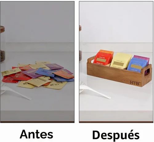 Vista 4 de HTB Caja de té pequeña de madera de acacia con 3 compartimentos para cajón de mostrador Tea Bag Chest with Handle, Mini Countertop Divided Storage