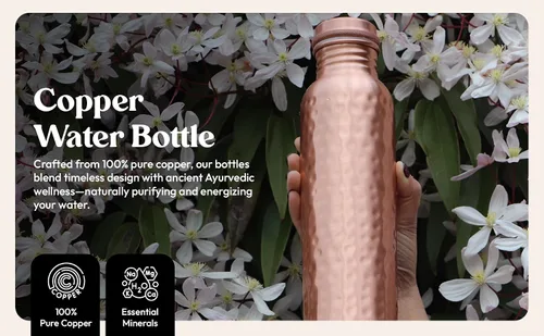Vista 9 de Botella de agua de cobre puro para beber 34 oz grande - Botella de agua de cobre ayurvédica