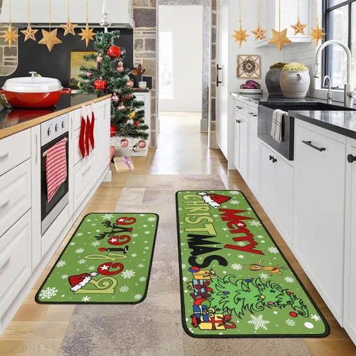 Vista 4 de Juego de 2 alfombras de cocina de Feliz Navidad, tapetes de cocina del Grinch para el suelo, decoración de cocina de Navidad, decoraciones festivas