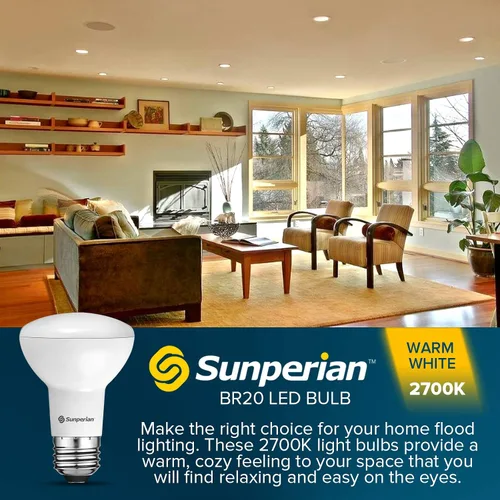 Vista 2 de SUNPERIAN Bombilla LED BR20, 6 W = 50 W, 2700 K blanco cálido, 550 lúmenes, bombillas de inundación regulables para latas empotradas, clasificación