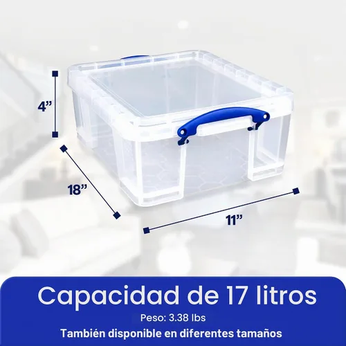 Vista 2 de Really Useful Box - Contenedores de plástico para almacenamiento de 17 litros con tapas de cierre y clip, transparentes