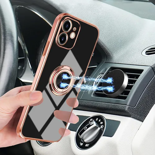 Vista 6 de Compatible con iPhone 11 Kickstand, anillo de rotación de 360 grados integrado con borde de oro rosa brillante que funciona con soporte magnético