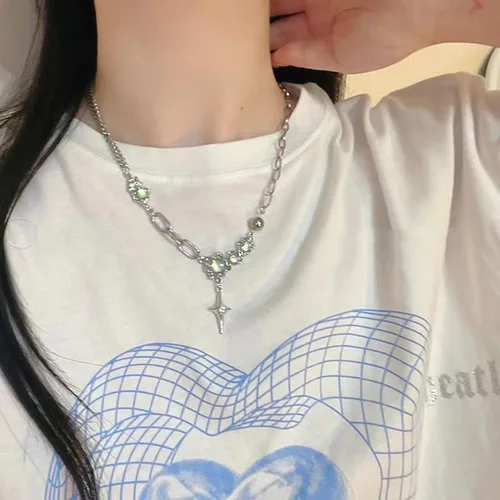 Vista 40 de Y2k - Collar irregular con dije de estrella, piedra de luna, diseño de cadena de moda, joyería de plata picante para mujer