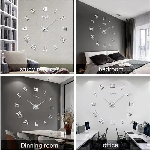 Vista 6 de Kit de reloj de pared grande para bricolaje, reloj de pared moderno 3D sin marco con calcomanías de número de espejo para decoración del hogar, sala