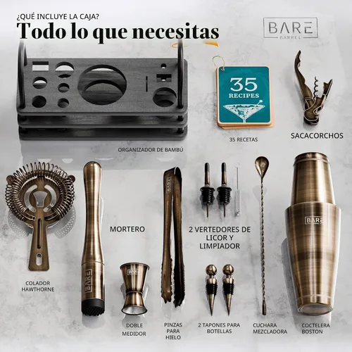 Vista 4 de BARE BARREL Mixology Bartender Kit Bar Set Juego de coctelera de 14 piezas Herramientas de mezcla de Martini Barware para el hogar 35 tarjetas