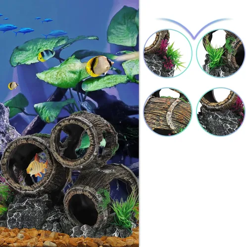 Vista 6 de UNEAK - Decoraciones de acuario Tres barriles rotos apilados Decoración de pecera Ornamento Paisajismo Sobre Rocas Cueva Agua Salada Agua Dulce