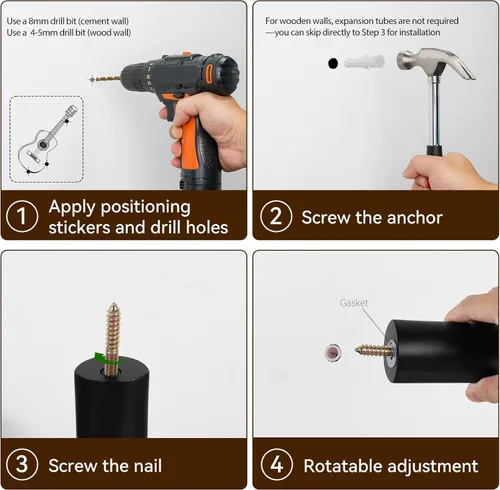 Vista 5 de Perchas de guitarra acústicas horizontales para montaje en pared de madera (negro)