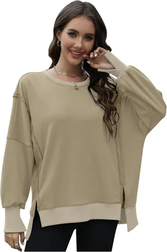 Vista 2 de Sudaderas de gran tamaño para mujer, cuello redondo, manga larga, casual, con abertura, ropa de moda 2023