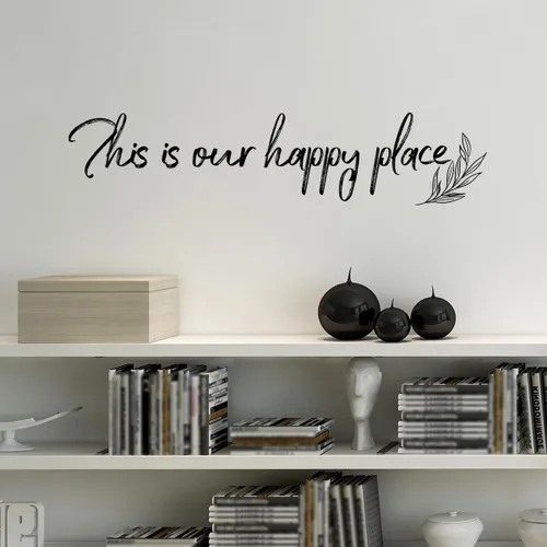 Vista 4 de Calcomanías de pared para sala de estar con texto en inglés "This is Our Happy Place" (This is Our Happy Place), calcomanía de pared con frase