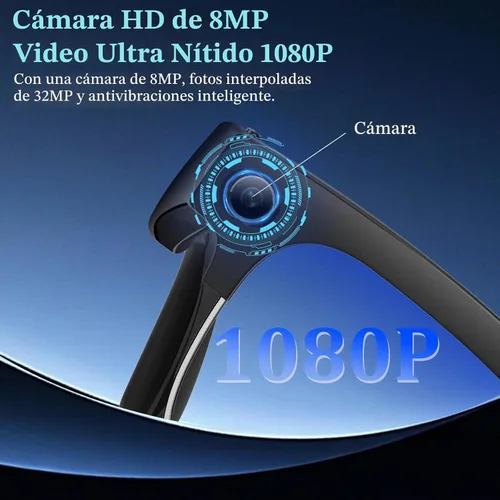 Vista 2 de Lentes inteligentes AI con cámara, lentes de cámara Bluetooth antivibración de 8 MP, grabación de video de 1080P, reducción de ruido de doble