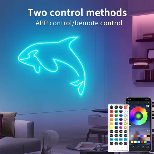 Vista 2 de Luces LED de neón de 50 pies con control remoto y aplicación, tira de luces de neón flexibles impermeables IP65 de 24 V RGB LED para dormitorio