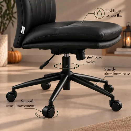 Vista 7 de NYPOT Silla de escritorio sin brazos con ruedas para sentarse entrecruzada, silla sin brazos anchos con patas cruzadas, taburete giratorio ajustable