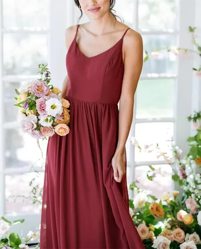 Vista 3 de Vestido formal de gasa con cuello en V para mujer, vestido formal hasta el suelo
