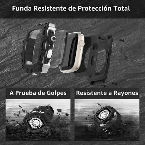 Vista 3 de Funda de metal de lujo con correa para Apple Watch Series 9, 8, 7, 1.772 pulgadas, SE 6, 5, 4, 1.732 pulgadas, protector de pantalla resistente Negro