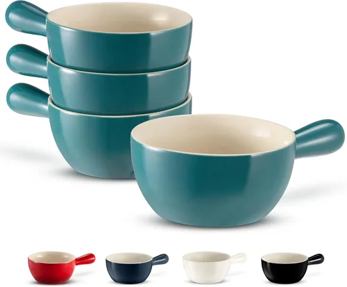 Vista 11 de Kook Cuencos de sopa de cebolla francesa, cuencos de cerámica apilables con asas, aptos para horno, microondas y lavavajillas, para cereales, sopas