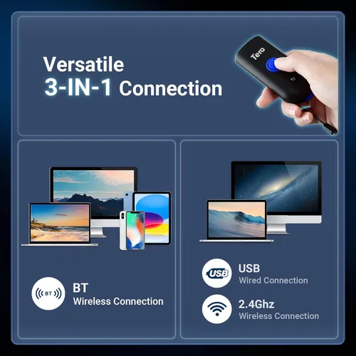 Vista 6 de Tera Mini escáner de código de barras 1D: escáner láser inalámbrico impermeable de bolsillo 3 en 1 compatible con Bluetooth USB con cable portátil