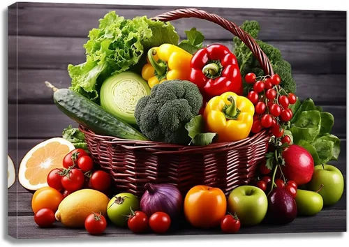 Vista 8 de QIXIANG Arte de pared de frutas y verduras coloridas impresiones en lienzo de comida en la canasta, cocina, restaurante, decoración de pared