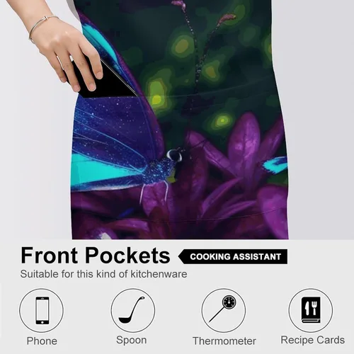 Vista 5 de MUSM Blue Purple Flower Butterfly Apron，Classic Vintage Funny with Pockets Aprons,Adjustable Bib Waterdrop Resistant for Kitchen Cooking Restaurant