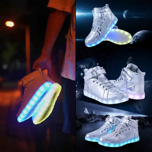 Vista 5 de Zapatos con luz LED para niños, tenis de caña alta para niños y niñas, zapatos de baile de hip-hop para Halloween, fiesta de Navidad con carga USB