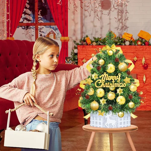 Vista 3 de Mini árbol de Navidad de mesa de 2 pies, árbol de Navidad pequeño dorado para interiores y hogar, granja, chimenea, mesa, decoración de Navidad