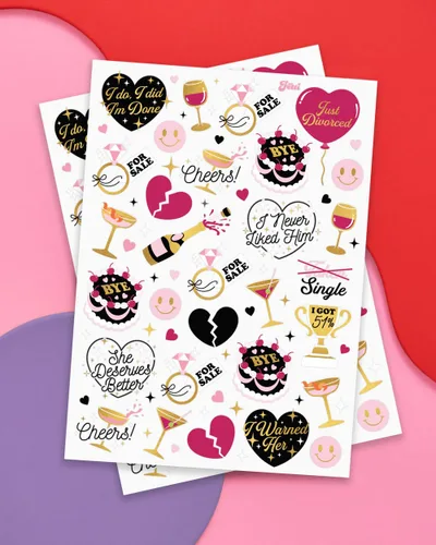 Vista 2 de xo, Fetti Tatuajes temporales para fiesta de divorcio – 60 estilos de aluminio Suministros de fiesta solo divorciados, recuerdos de fiesta