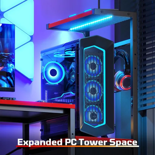 Vista 3 de Bestier Escritorio para juegos con cajón, escritorio pequeño para computadora de 44 pulgadas con estante de PC, mesa de juegos con luces LED