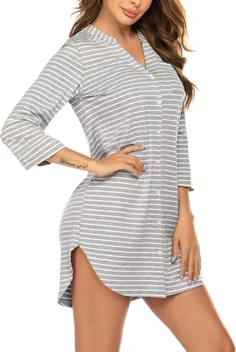 Vista 5 de Ekouaer - Camisón a rayas para mujer, con manga de 34, vestido para dormir, suave, con botones