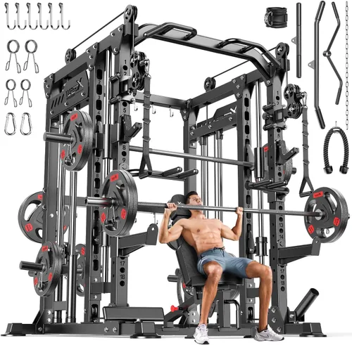 Vista 22 de XGSW Smith Machine Gimnasio en casa, jaula de potencia multifunción con sistema cruzado de cable de polea doble, estante para sentadillas para L06