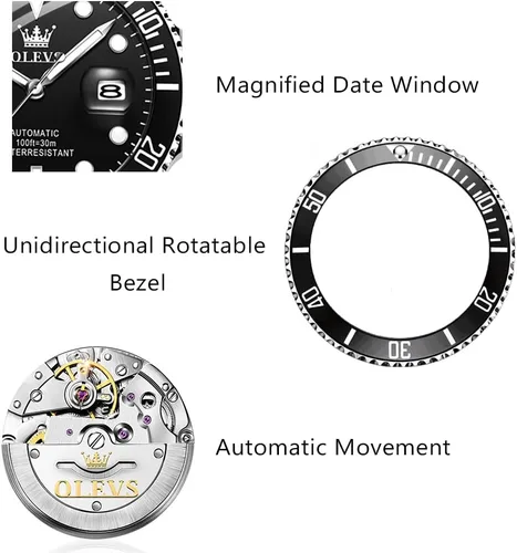 Vista 5 de Reloj automático de viento automático para hombre, reloj de lujo de acero inoxidable con fecha, reloj clásico impermeable con bisel giratorio