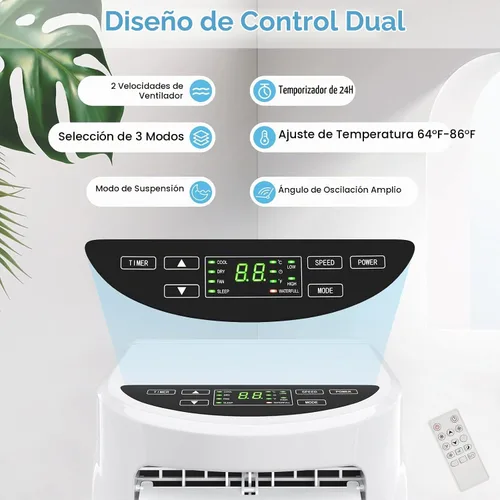 Vista 2 de Aire acondicionado portátil COSTWAY con función de deshumidificador a control remoto para colgar en la ventana.