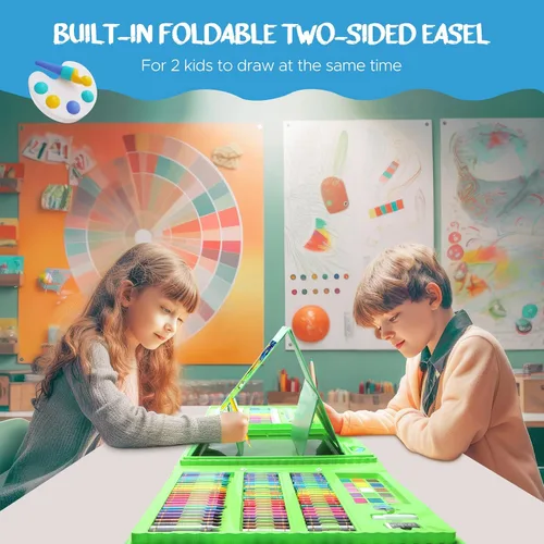 Vista 5 de homicozy Suministros de arte para niños de 4 a 12 años, estuche de arte con juegos de dibujo de dinosaurios, kits de colorear con caballete triple