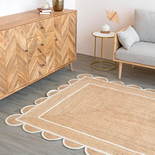 Vista 9 de Alfombra festoneada de yute natural, base natural, borde blanco hueso, 2 x 3