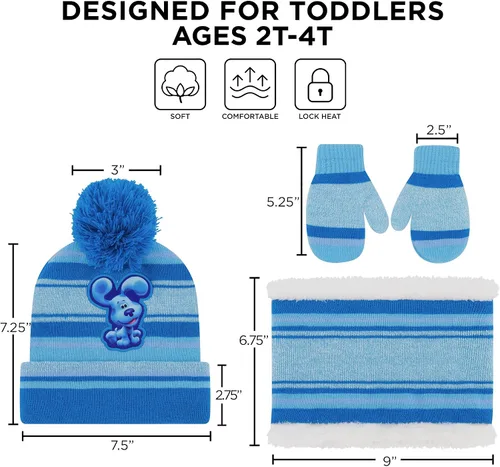 Vista 7 de Nickelodeon Conjunto de gorro y manoplas de invierno para niños gorro azul para niños de 2 a 4 años Juego de bufanda