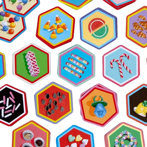 Vista 7 de eeBoo: Juego de memoria y combinación: caramelos, 18 pares ilustrados en forma de hexágono, temática de dulces, juego de azulejos de concentración
