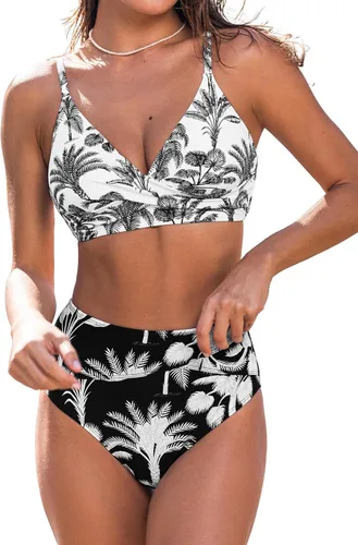 Vista 37 de CUPSHE Conjunto de bikini de dos piezas con cuello en V y cintura alta para Negro/Verde