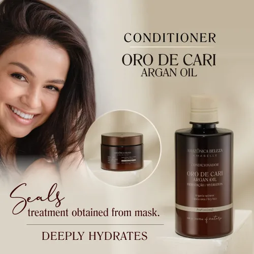 Vista 3 de AMAZONICA BELEZA Acondicionador Oro de Cari, hidratación intensiva para cabello seco con aceite de argán y vitamina E, línea profesional, 10 onzas