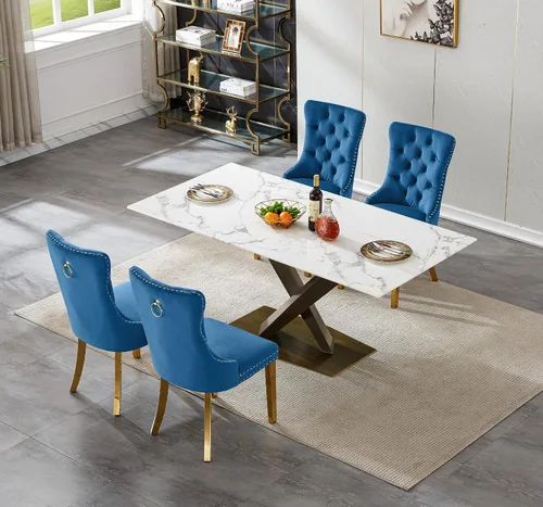 Vista 2 de Juego de mesa de comedor de mármol blanco de lujo para 4, 70 pulgadas, mesa de comedor de mármol blanco con 4 sillas de terciopelo azul y base