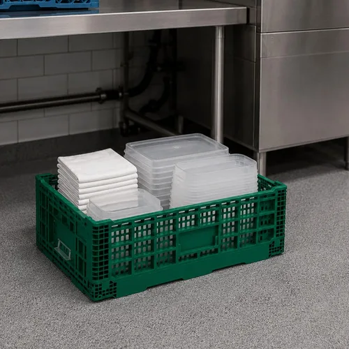 Vista 3 de Restaurantware Cater Tek - Caja plegable de 36 litros, 1 caja de almacenamiento apilable, con asas de diseño de malla, caja plegable de plástico