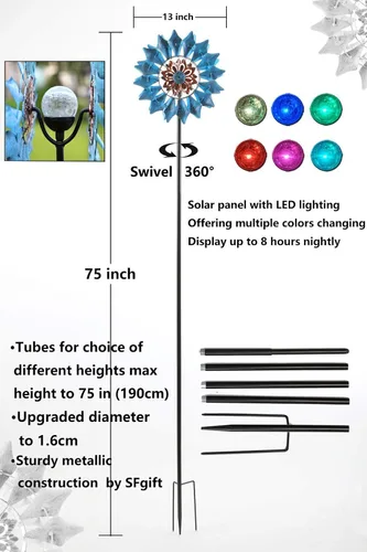 Vista 4 de Molinillo solar de viento azul con rotación de 360 grados con globo de vidrio agrietado multicolor, luz LED, cinética de doble dirección, adornos