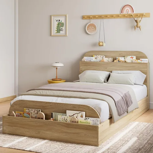 Vista 17 de Estructura de cama Garvee tamaño individual con cabecero y estribo – Cama de plataforma baja para niños, diseño de piso doble de madera, sin ruido